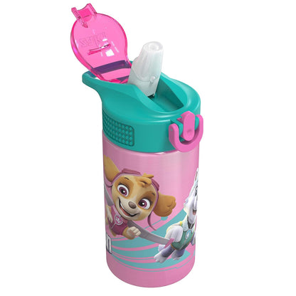 Zak Designs - Botella de agua para niños de acero inoxidable 18/8 de 15,5 oz con tapa abatible con cierre de popote, taza duradera para deportes o viajes, Paw Patrol Skye