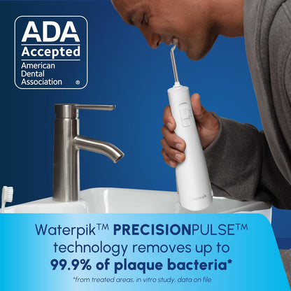 Waterpik - Hilo dental inalámbrico recargable de pulso portátil para dientes, encías, aparatos ortopédicos para el cuidado y viajes con 2 puntas de hilo dental, impermeable, aceptado ADA, WF-20 blanco