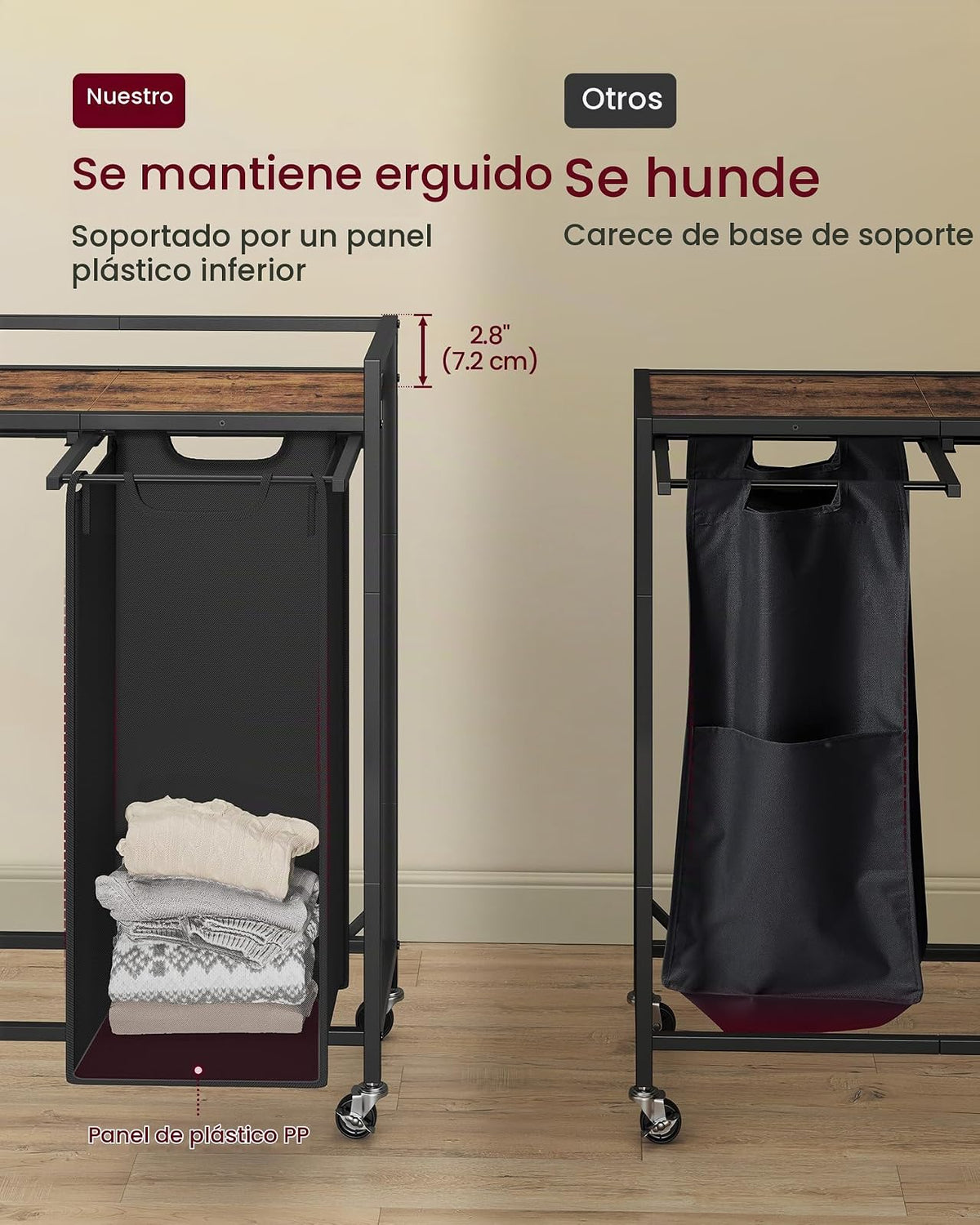 VASAGLE Cesto de Ropa Sucía con 3 Compartimentos, Carrito Rodante con Ruedas con Freno, Estante Superior, Bolsas Extraíbles, 93x32x93 cm MBLH021B01