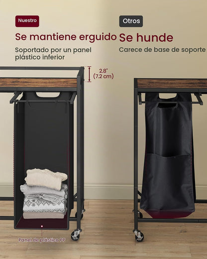 VASAGLE Cesto de Ropa Sucía con 3 Compartimentos, Carrito Rodante con Ruedas con Freno, Estante Superior, Bolsas Extraíbles, 93x32x93 cm MBLH021B01