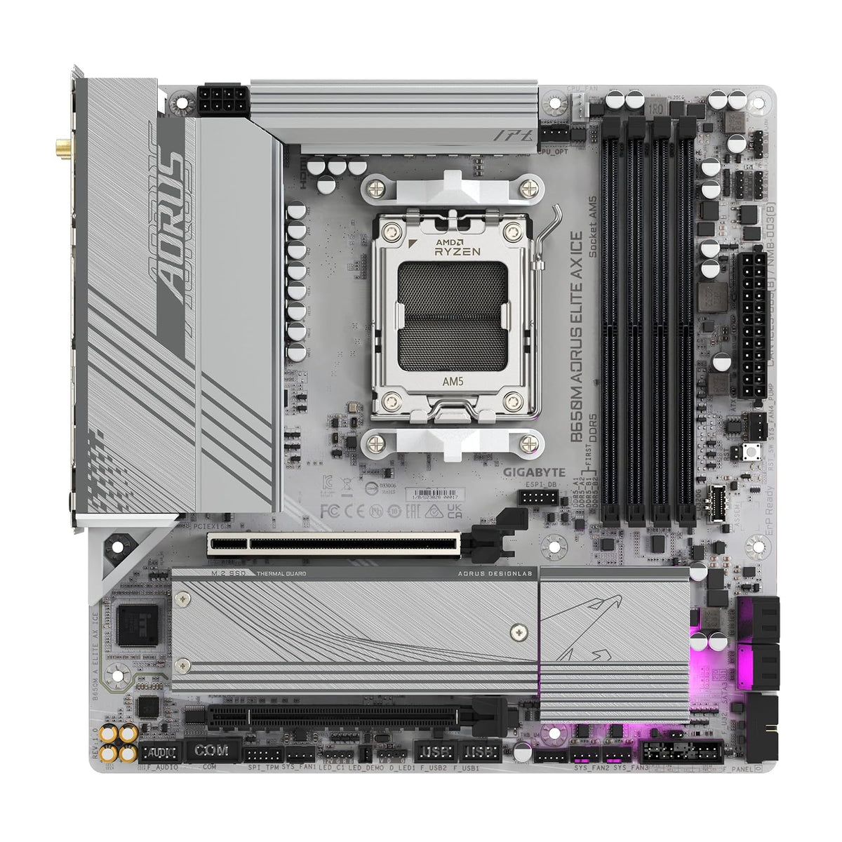 GIGABYTE B650M AORUS Elite AX Ice AM5 LGA 1718 AMD B650 M-ATX Placa Base con 5 años de garantía, DDR5, 2* M.2, PCIe 5.0, USB 3.2 Gen2X2 Tipo-C, LAN de 2.5GbE, Q-Flash Plus, EZ-Latch