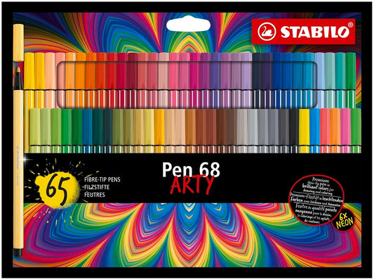 STABILO Pen 68 ARTY – Pack de 65 Rotuladores Premium Punta Fina 1 mm, Tinta Base Agua | Colores Intensos y Fluorescentes | Ideal para Arte, Bullet Journal y Scrapbooking