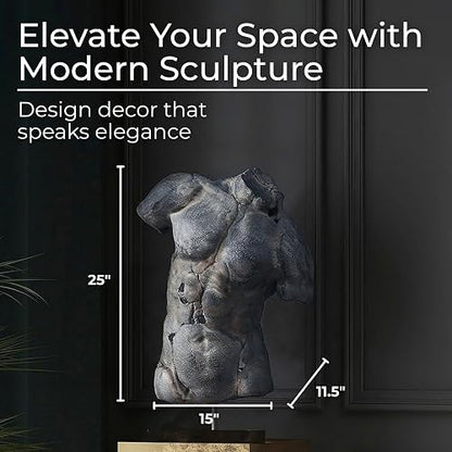 Sagebrook Home Escultura Moderna de Torso Masculino Agrietado de Estatua de Resina con Acabado Negro Texturizado decoración artística del hogar 15 x 9 x 25 Pulgadas