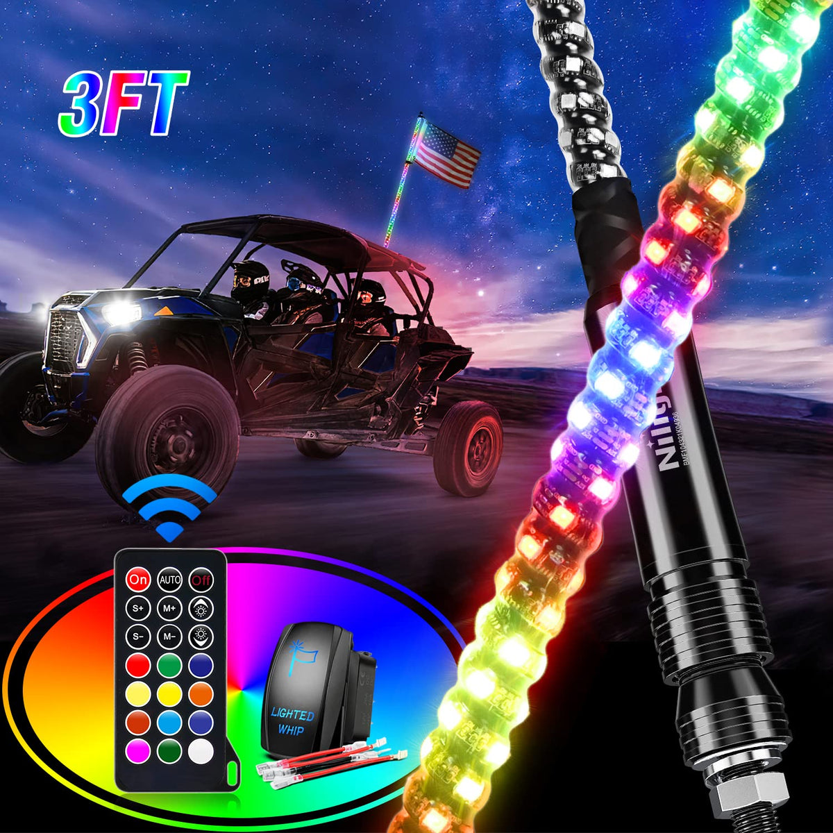 Nilight Luz Látigo LED RGB Espiral 3FT con Control Remoto RF para ATV UTV Polaris RZR