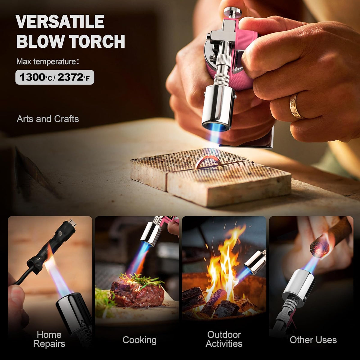 RAVS - Antorcha de butano, antorcha de cocina para crema Brulee con llama ajustable, antorcha de cocina para hornear, barbacoa, postres, mini antorcha de metal con hebilla de seguridad, rosa (butano