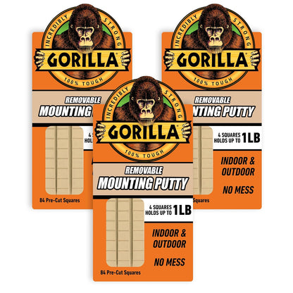 Gorilla - Masilla de montaje, color bronceado natural, 84 cuadrados precortados (paquete de 3) - Masilla de pared extraíble y reposicionable no tóxica