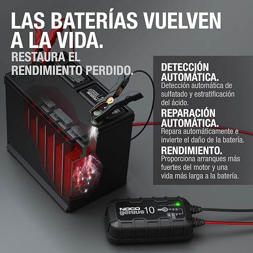 NOCO GENIUS10: Cargador de batería Inteligente 6V/12V 10A – Mantenedor automático, Cargador Lento y desulfatador con protección contra sobrecarga y compensación térmica – para baterías Plomo y Litio