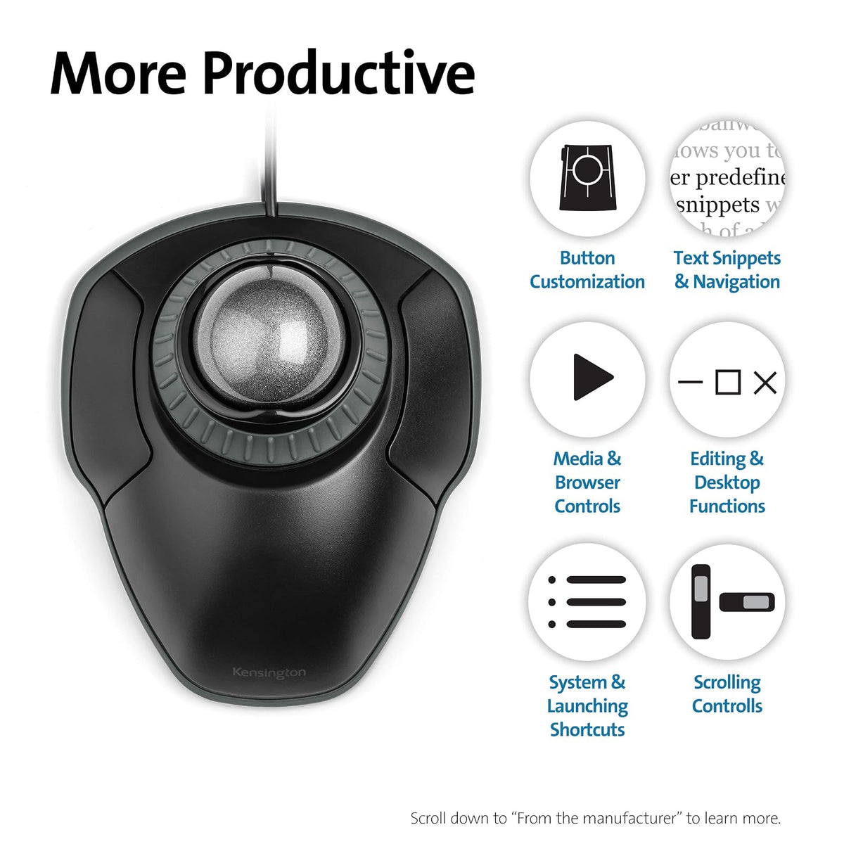 Kensington Orbit Mouse Trackball con Anillo de Desplazamiento (K75327WW), Negro-Gris