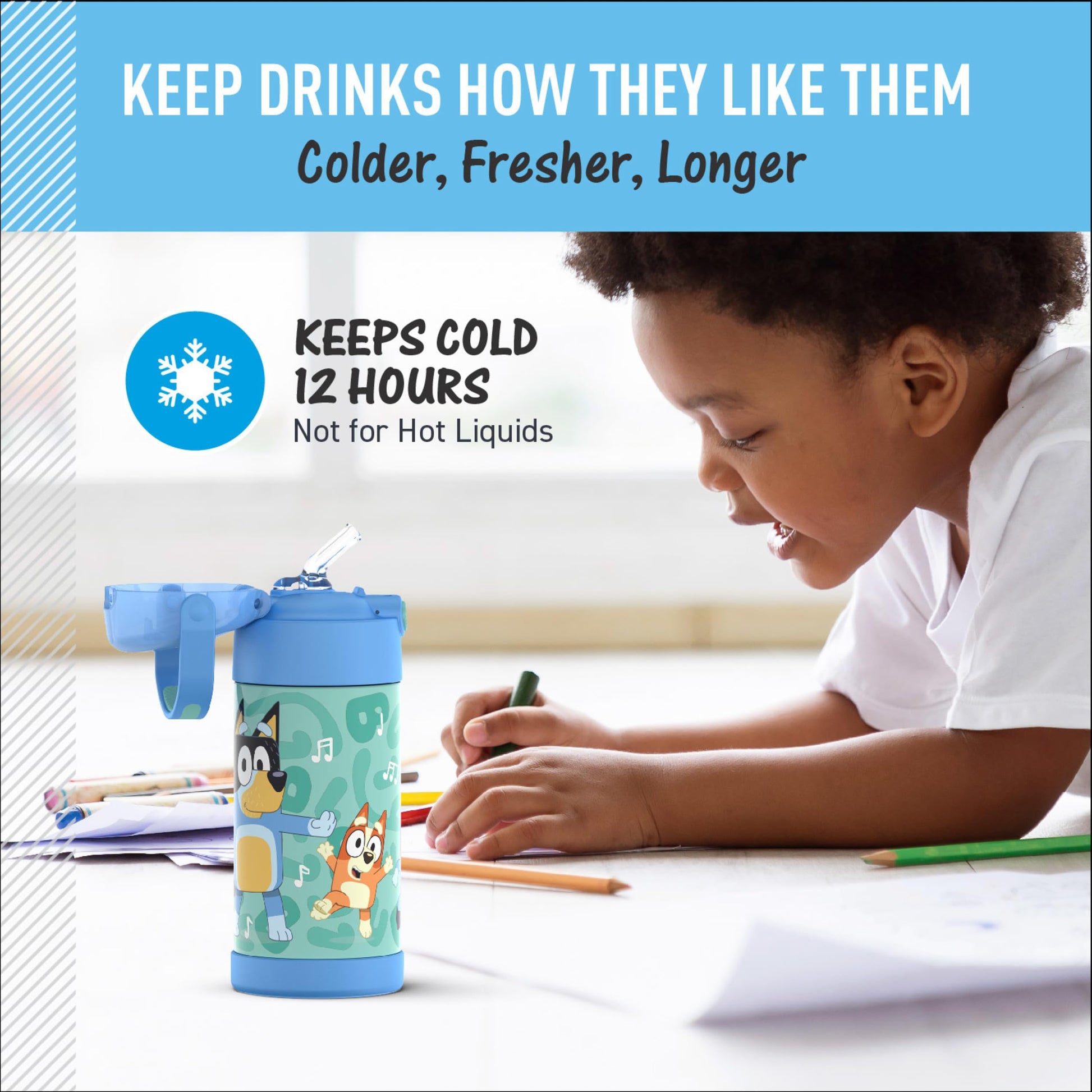 THERMOS FUNTAINER - Botella de agua con pajita, 12 onzas, color azul, botella de agua aislada al aspiradora para niños con tapa