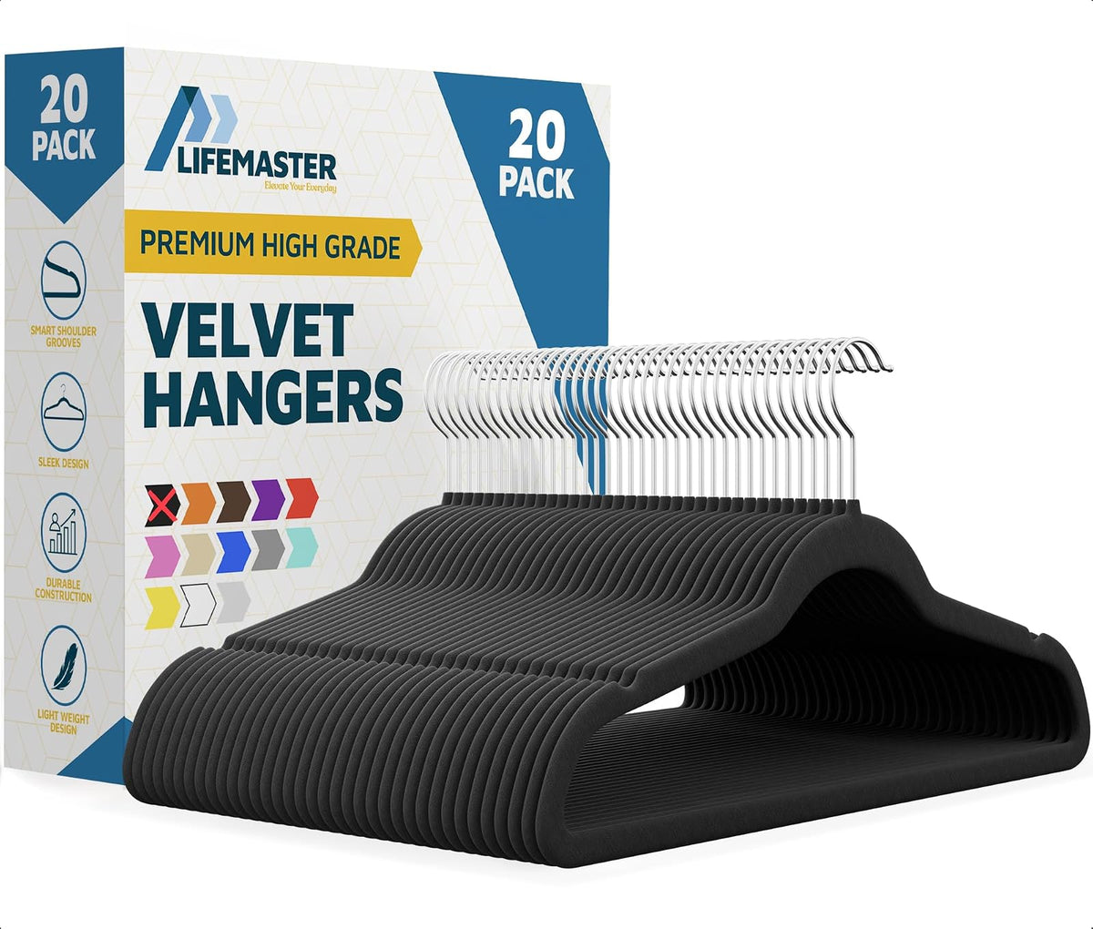 Lifemaster - Juego de 20 Perchas de plástico Antideslizante de Terciopelo con Gancho Giratorio de 360°, Ahorro de Espacio, diseño Elegante, Acabado de Terciopelo Suave, construcción Ligera, Color