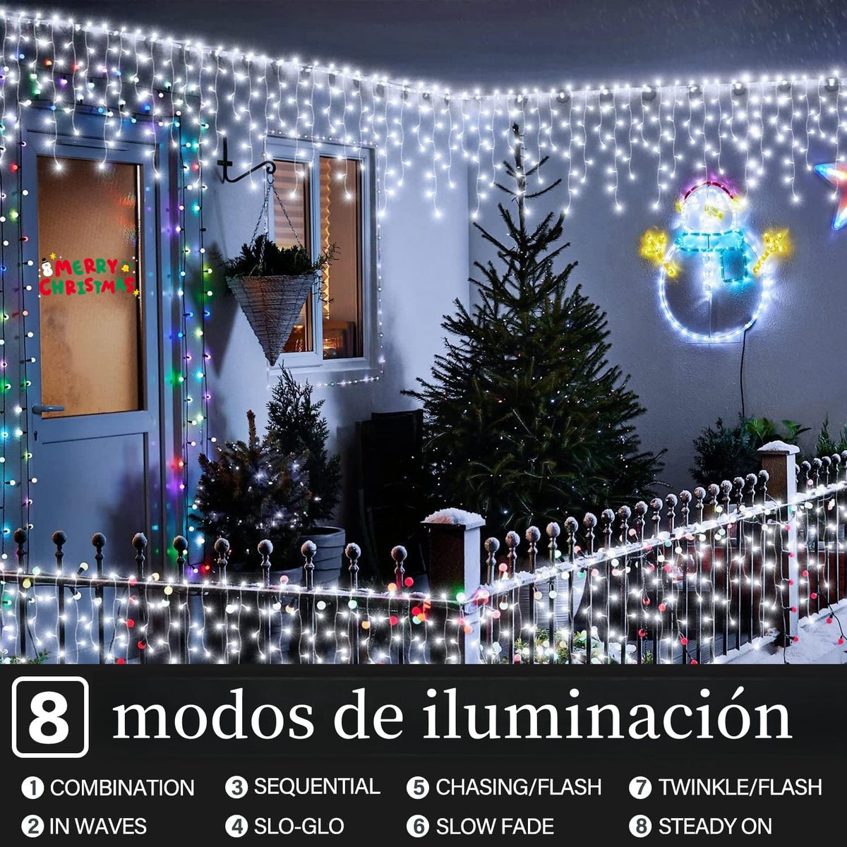 Luces Navideñas Cascada de Luces led -POWEROAK Luces de Navidad 4M 200LED IP44 Serie de Cascada led con 8 Modos de Iluminación Luz cascada Navidad Decorativas. (4M 200LED, Blanco frío)