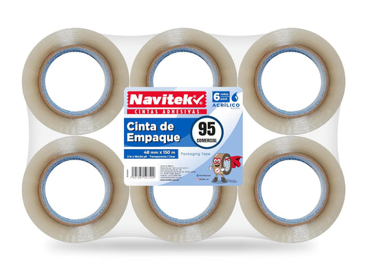 Navitek – Cinta de Embalaje Transparente 095| Transparente | 48mm x 150m | Cinta Adhesiva Resistente para Cajas y Paquetes | Adhesivo Acrílico Base Agua | Uso Hogar, Oficina y Taller |Pack 6 uds