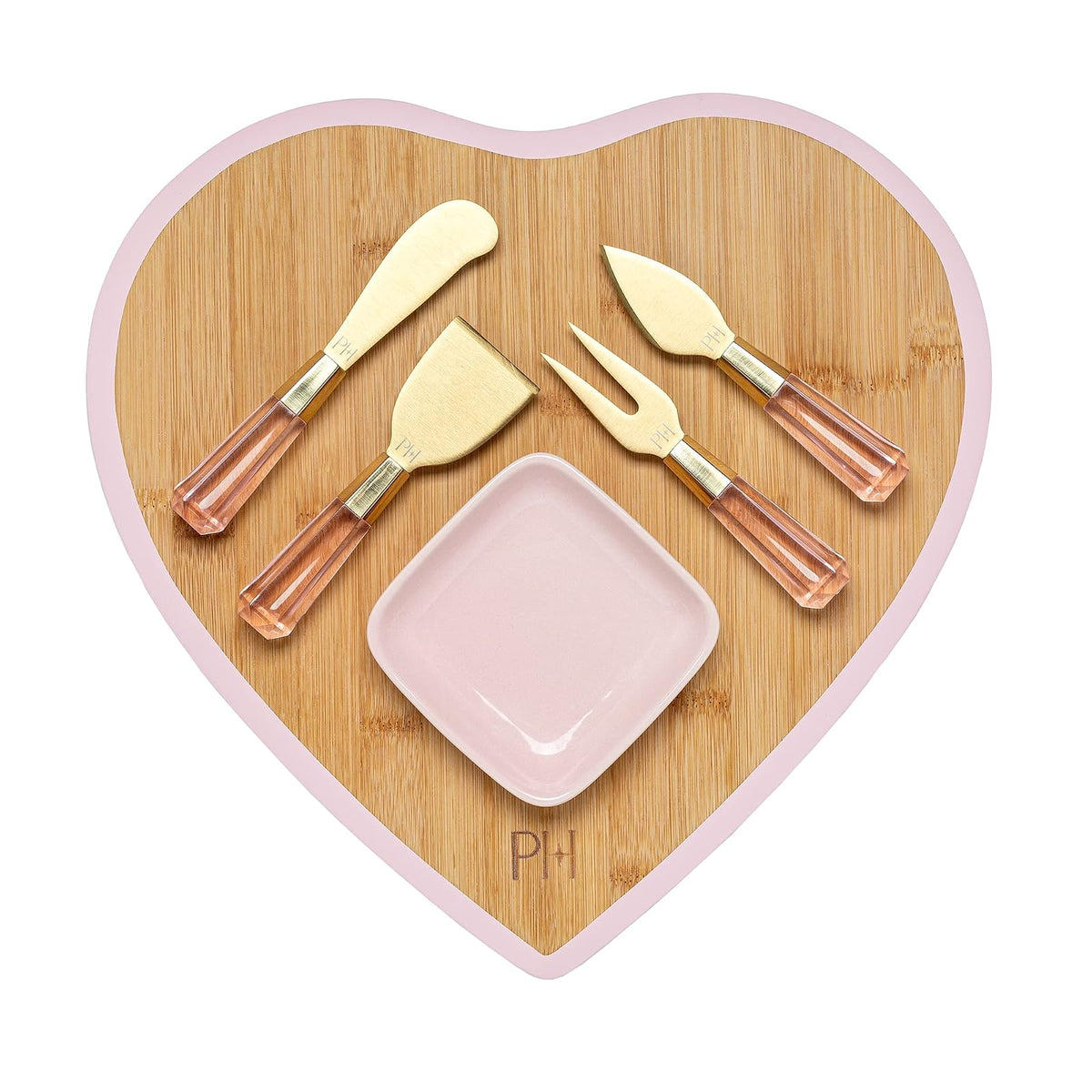 Paris Hilton - Juego de mesa de charcutería y servir, tabla de servir de bambú, plato de cerámica, utensilios de queso con cuchillas revestidas de titanio, juego de 6 piezas, color rosa