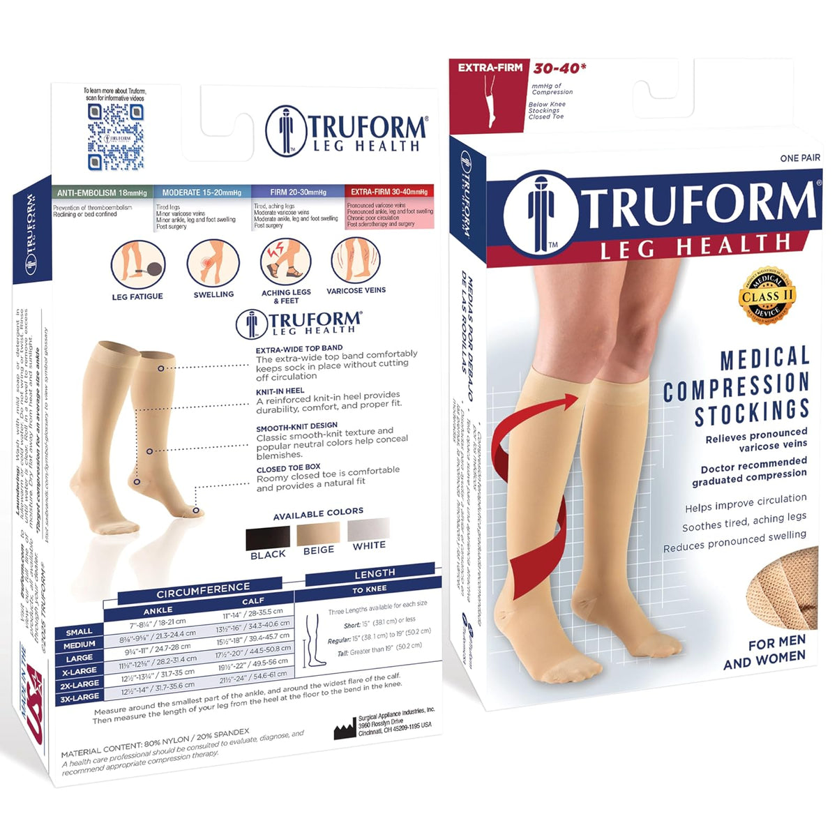 Truform Short Length, 30-40 Mmhg Compression Stockings For Men And Women, Reduced Closed Toe Beige, Medical Support Hose Unisex Adult, Large Short Length