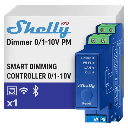 Shelly Dimmer Pro 0/1-10 V PM - Módulo Regulador de Luz W-Fi, Atenuador Inalámbrico en riel DIN, con Medidor de consumo, Alexa y Google, aplicación iOS Android, No requiere hub