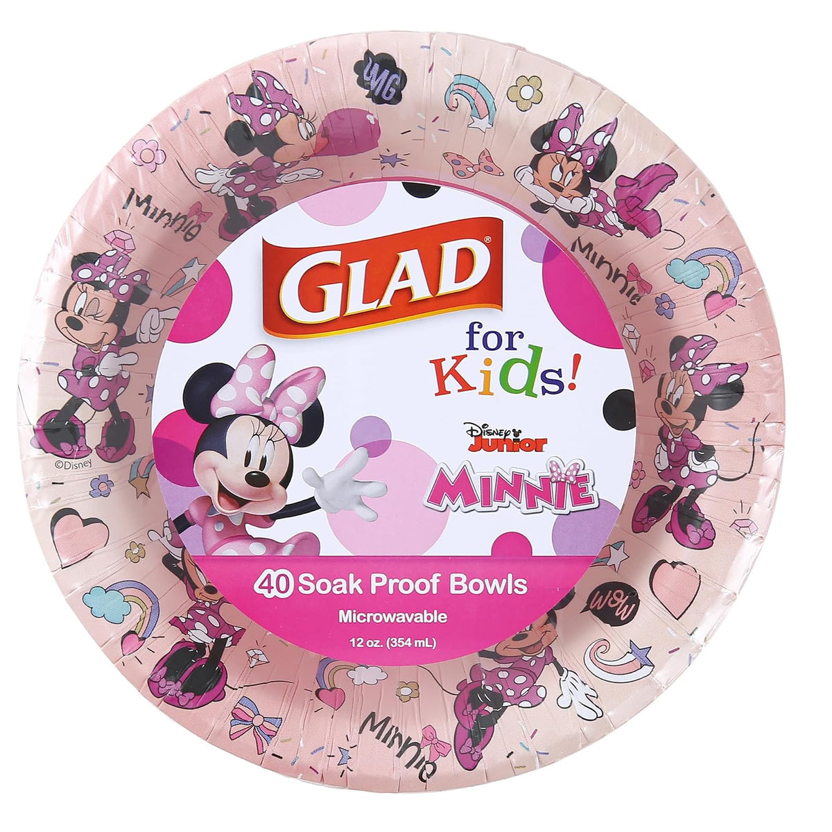 Glad para Niños Cuencos de Papel Mickey and Friends 12oz | Rosa con Lunares, 40 pzs, Diseño Minnie Mouse, Resistentes a Remojo, Seguros para Microondas