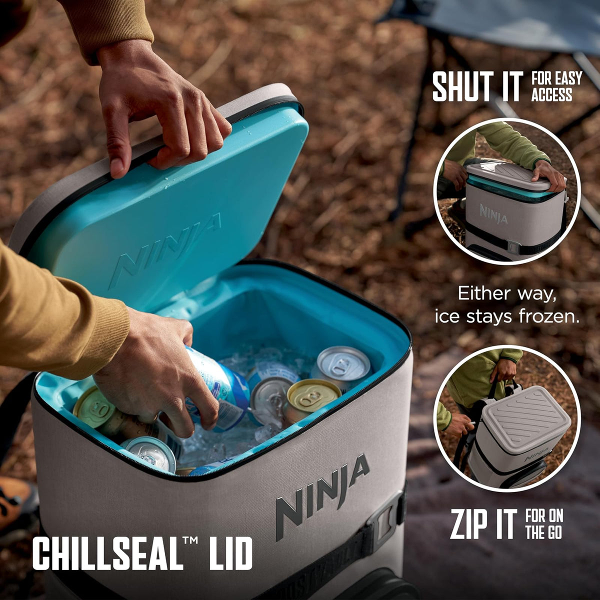 Ninja | Enfriador de mochila | FrostVault Go Can Soft Cooler | cierre a prueba de fugas con abrelatas integrado, 2 paquetes de hielo y cajón de almacenamiento en seco | para senderismo, camping y más