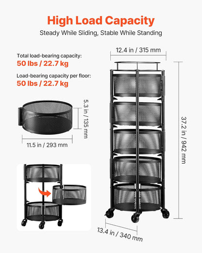 VEVOR Carro de Cocina de 5 Niveles, Carrito Auxiliar con Cestas de Alambre Giratorias para Frutas y Verduras, Carrito con Ruedas con Tapa Metálica, para Cocina, Baño, 340 x 315 x 942 mm, Negro