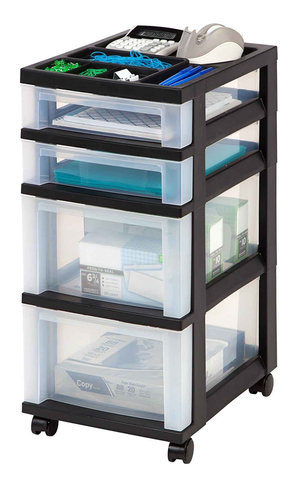 IRIS USA Carrito Organizador con Ruedas de 4 Cajones, Negro/Transparente | Organiza manualidades, artículos de oficina, salón y accesorios con cajones de fácil acceso para uso diario