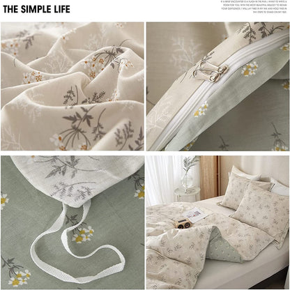 AMWAN - Juego de Funda de edredón Floral de algodón Bohemio para niños y niñas, Juego de Ropa de Cama con Estampado Floral Beige y Verde, Funda de edredón Suave con Cierre de Cierre
