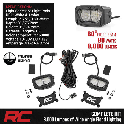 Rough Country - Cápsulas de luz LED de 5 pulgadas con DRL ámbar y blanco, 8.000 lúmenes, LED CREE de 40 W, luces todoterreno con haz de inundación, IP67 impermeable (juego de 2)