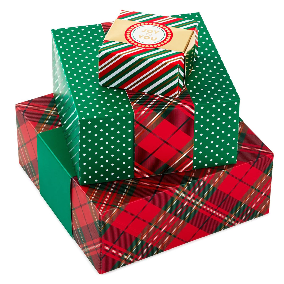 Hallmark - Cajas de regalo de Navidad, paquete de 3 tamaños surtidos (rayas rojas y verdes, a cuadros, lunares) para regalos de anfitriona, fiestas de día festivo, golosinas envueltas