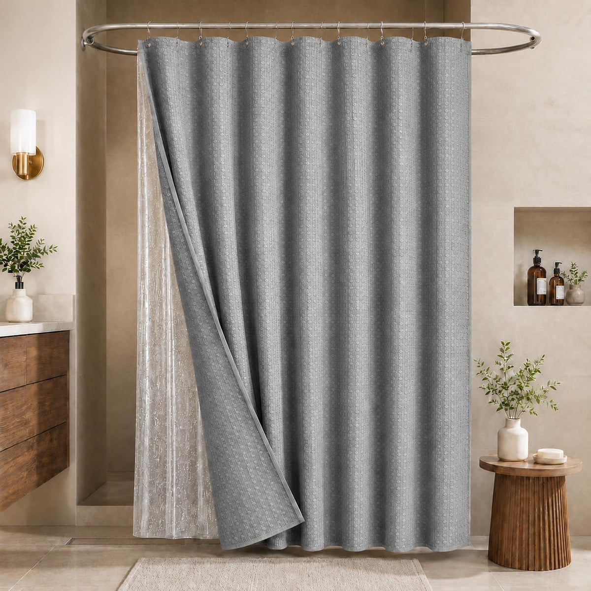 LaCyan 3 en 1 Cortina de Ducha Impermeable y Juego de Forro Transparente con 12 Ganchos para baño Cortinas de Ducha de poliéster Resistente 72 Pulgadas (Gris, 183W*183H)