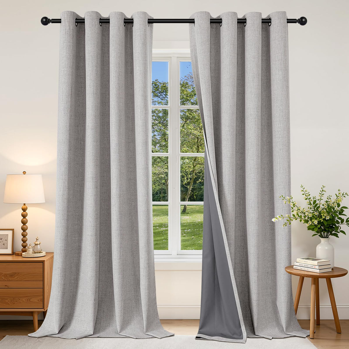 Joydeco Cortinas Opacas de Lino Sintético, 2 Paneles - Blanco Grisáceo - 132An x 243Al cm (1 Paneles)