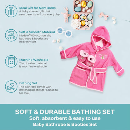 Spasilk Hooded Bathrobe with Booties for Newborn Boys and Girls, Soft Cotton Terry Bathrobe and 1 Pair of Cute Baby Shoes, Baby Essentials, Pink Butterfly