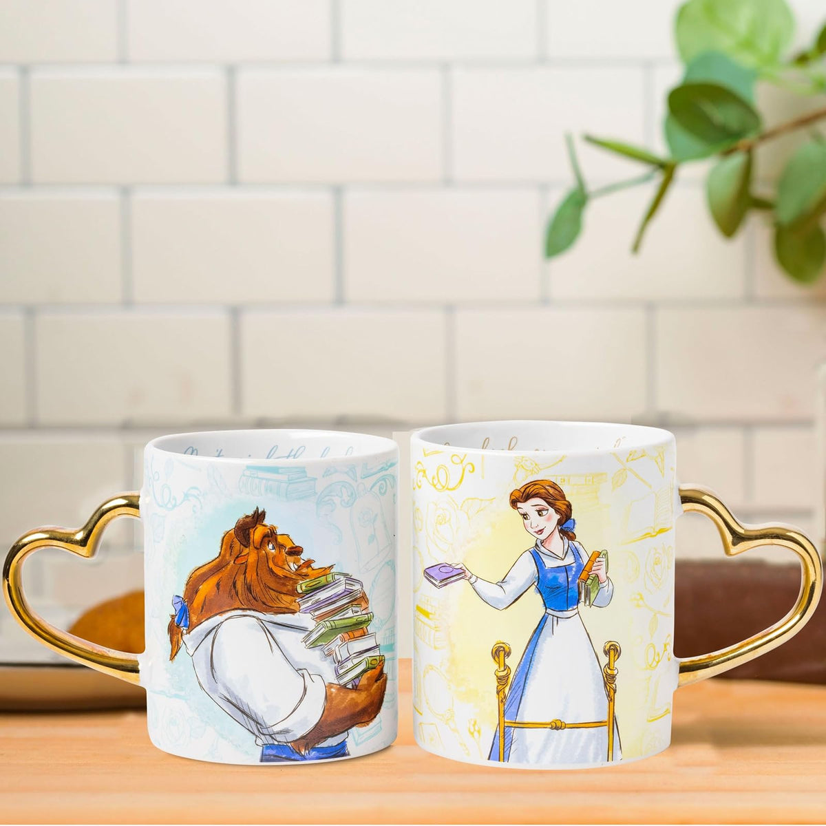 Silver Buffalo Disney Princess Beauty and the Beast Don't Mind the Books - Juego de 2 tazas de cerámica, 14 onzas