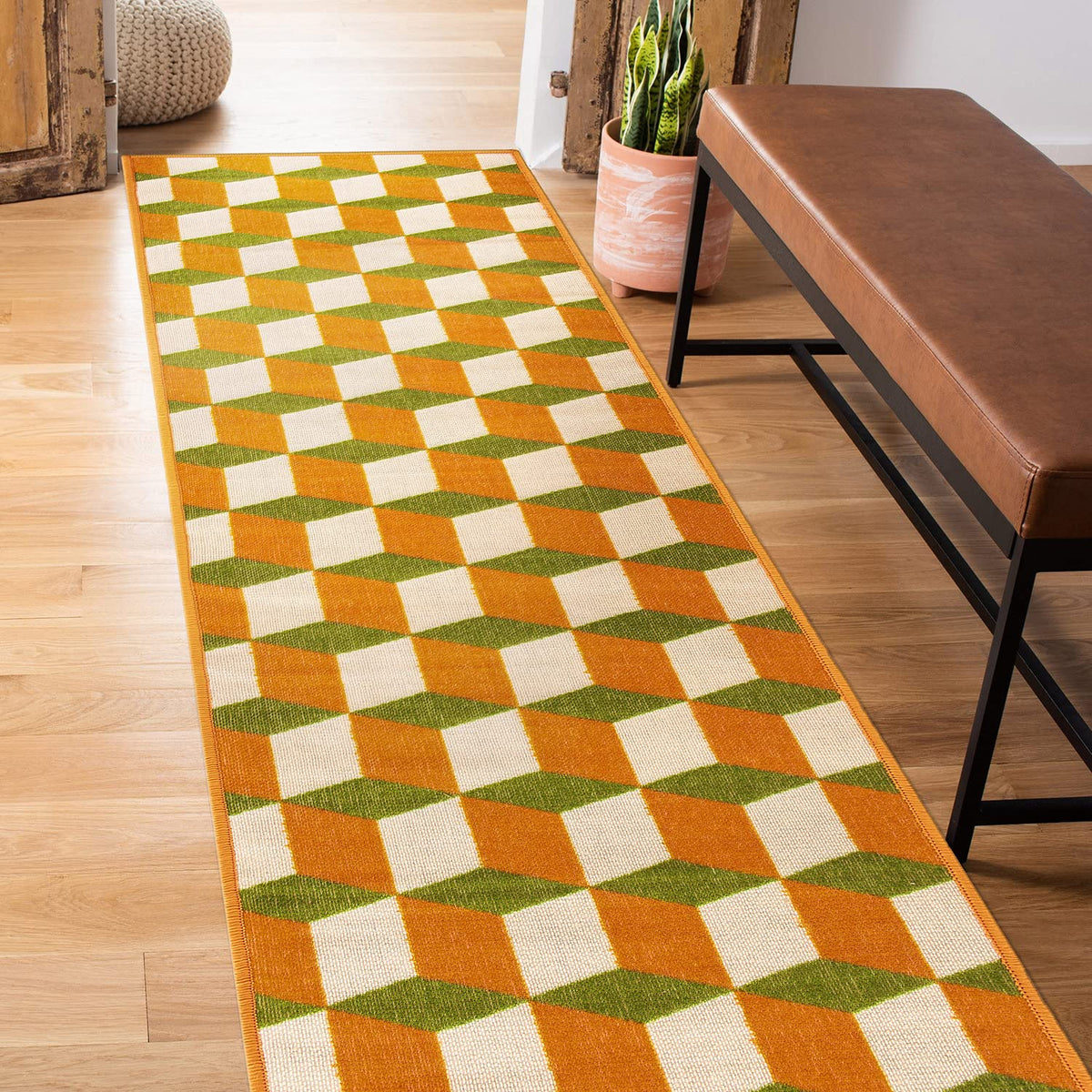 Rugshop Budelli - Alfombra geométrica contemporánea Que no desprende Pelusa, para terraza, Patio, Patio Trasero, Antideslizante, para Interiores y Exteriores, 2 x 7 pies, Color Naranja