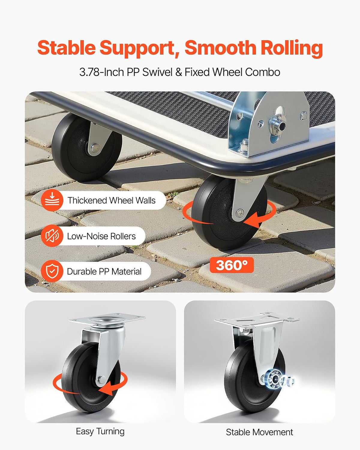 VEVOR Carro Plataforma Plegable 735 x 480 mm, Carretilla de Transporte Carga de 149,69 kg, Carrito Portaequipajes con Plataforma con Ruedas de PP de 96 mm, para Tareas Domésticas, Almacén, Mudanza
