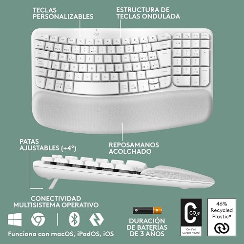 Logitech Wave Keys, Teclado ergonómico inalámbrico con reposamanos Acolchado, Escritura Confortable y Natural, Easy-Switch, Bluetooth, Logi Bolt, multisistema, Windows/Mac - Blanco