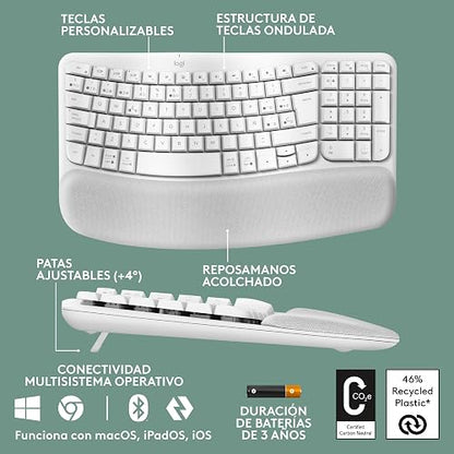 Logitech Wave Keys, Teclado ergonómico inalámbrico con reposamanos Acolchado, Escritura Confortable y Natural, Easy-Switch, Bluetooth, Logi Bolt, multisistema, Windows/Mac - Blanco