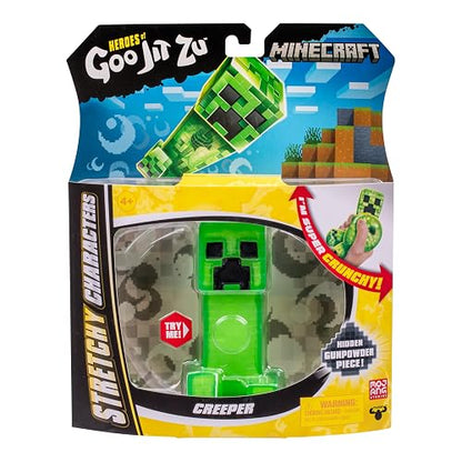 Heroes of Goo Jit Zu - Minecraft Creeper Super Suave con Relleno - Figura Elástica Estirable para Niños, Juguete Interactivo Original Bandai, Enredadera de Minecraft con Efecto Crunchy
