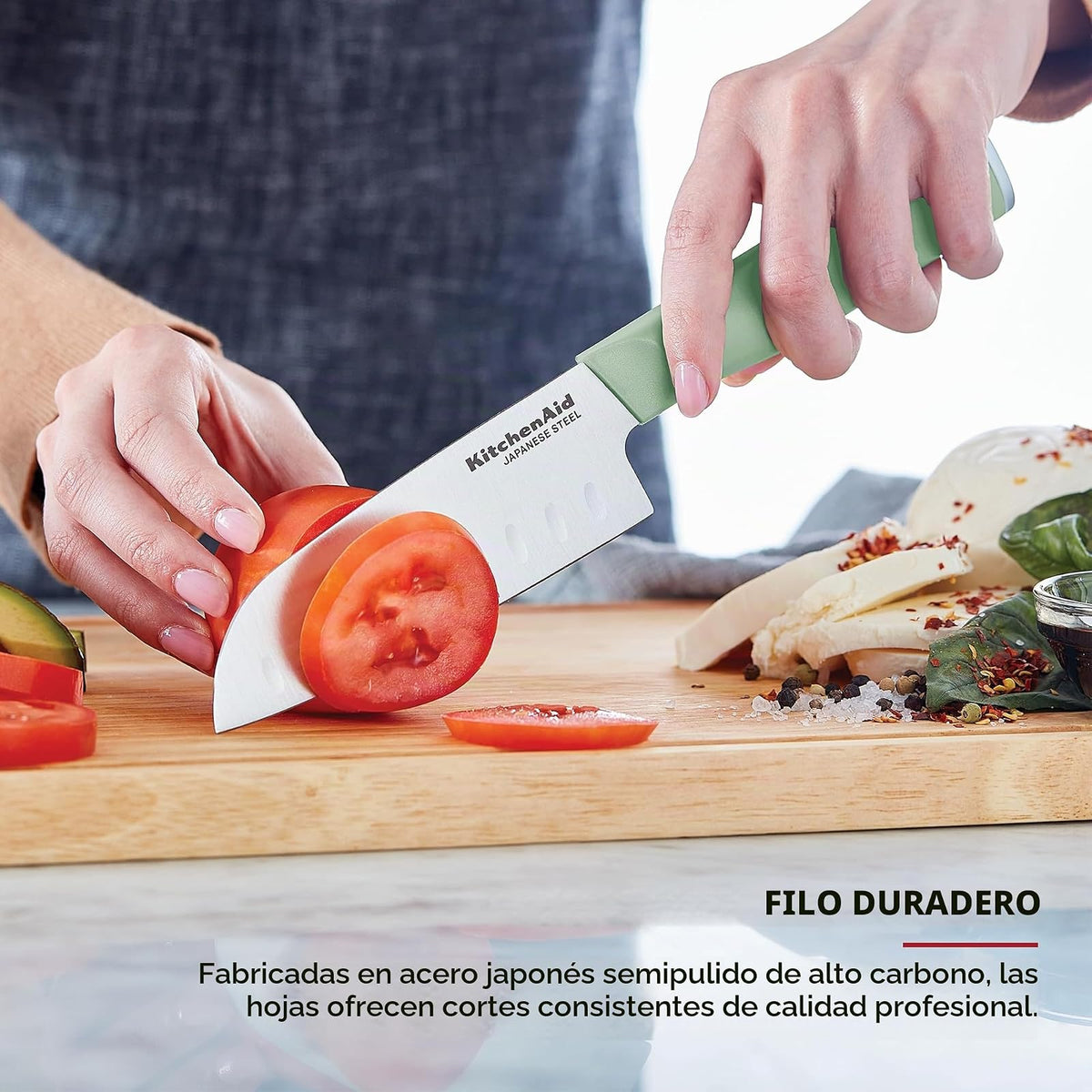 KitchenAid - Juego de chef con cubiertas de ajuste personalizado, cuchillo de cocina afilado, hoja de acero inoxidable japonés de alto carbono, 4 piezas, pistacho