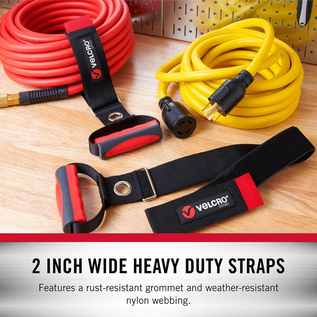 VEL-30897-USA - Correa de transporte resistente con asa para 100 libras | Almacenamiento de manguera de jardín, cables de extensión de transporte o colgar, cuerdas o cadenas, grande, envolturas de 7.5 pulgadas de diámetro, negro