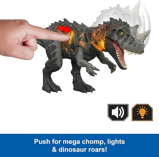 Jurassic World Rugido Salvaje Ceratosaurus, Dinosaurio de Juguete con Luces, Sonidos y Movimiento de Mordida Vertical, para Niños de 4 Años en Adelante