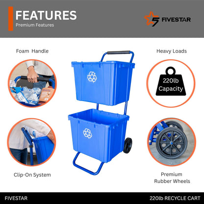 Five Star Carrito de Reciclaje para contenedores de Reciclaje, Capacidad de 200 Libras, Acero, Azul