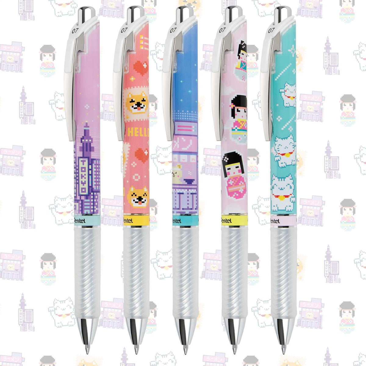 Pentel EnerGel RTX Kawaii Pixel Art BL77KWIPF5A | Negro, 0.7 mm, paquete de 5, tinta de gel líquido, diseño Tokio