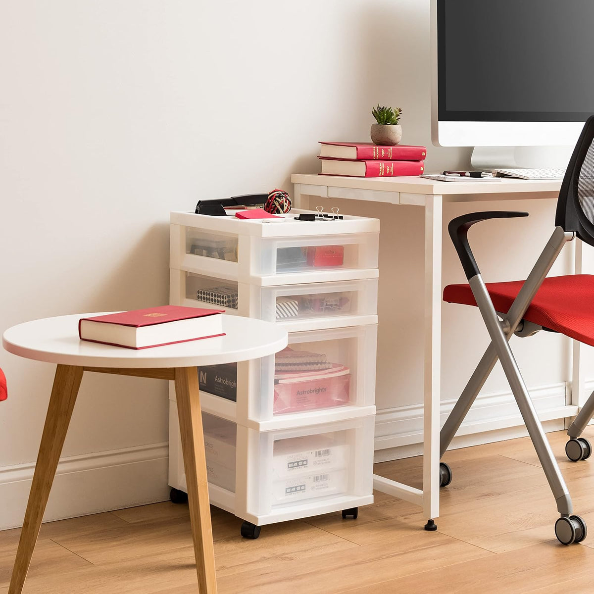 IRIS USA Carrito Organizador con Ruedas de 4 Cajones, Blanco/Transparente | Organiza manualidades, artículos de oficina, salón y accesorios con cajones de fácil acceso para uso diario