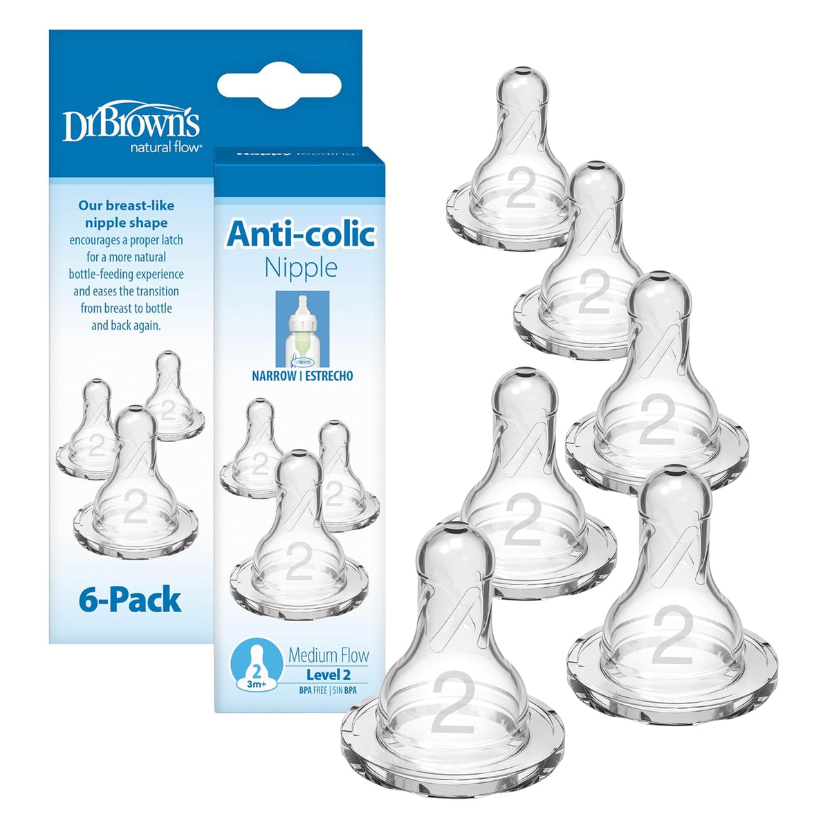 Dr. Brown's Tetinas Natural Flow Nivel 3 para Biberón, Paquete de 6 - Nivel 2 (3m+) - 6 Unidad (Paquete de 1)