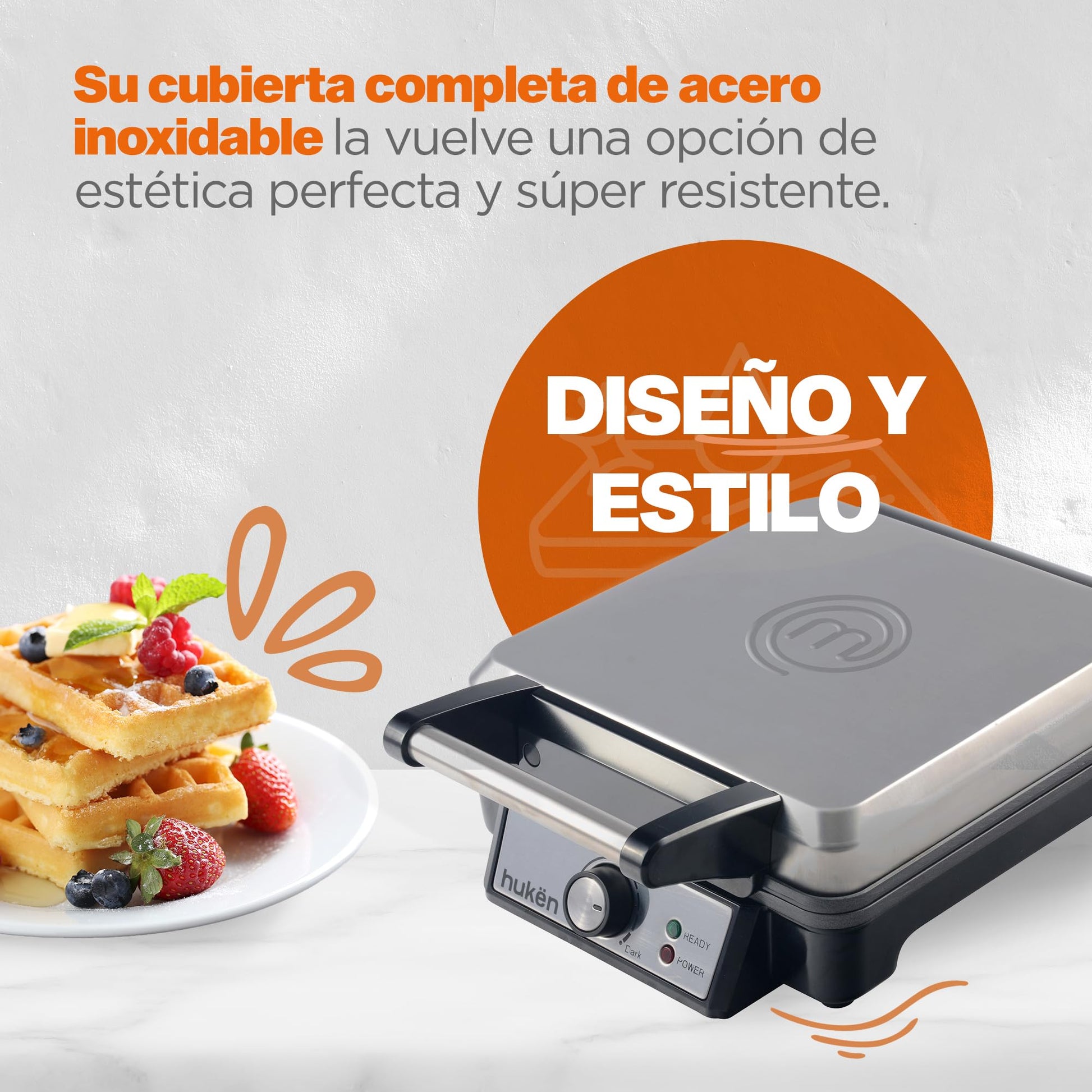 Hukën x MasterChef | Wafflera Belga Eléctrica Heat+ Premium 4 Rebanadas | Perilla de Temperatura Ajustable | Diseño de Acero Inoxidable | Luces de Encendido y Listo | Antiadherente de Alto Nivel