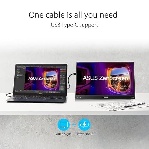 ASUS ZenScreen MB16AHV Monitor Portátil Full HD HDMI como Segunda Pantalla | IPS FHD 1920x1080, portátil 0.9kg y 10mm, doble USB-C + Mini-HDMI, superficie antibacterial, base plegable y trípode 1/4"