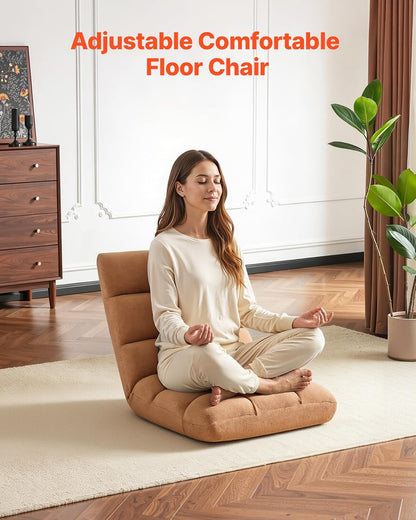 VEVOR Sillón de Suelo Relax, Sillón Reclinable con Respaldo Ajustable en 14 Posiciones, Acolchado de Espuma y Tapizado de Forro Polar Coral, para Lectura Descanso Sala de Estar Dormitorio, Marrón