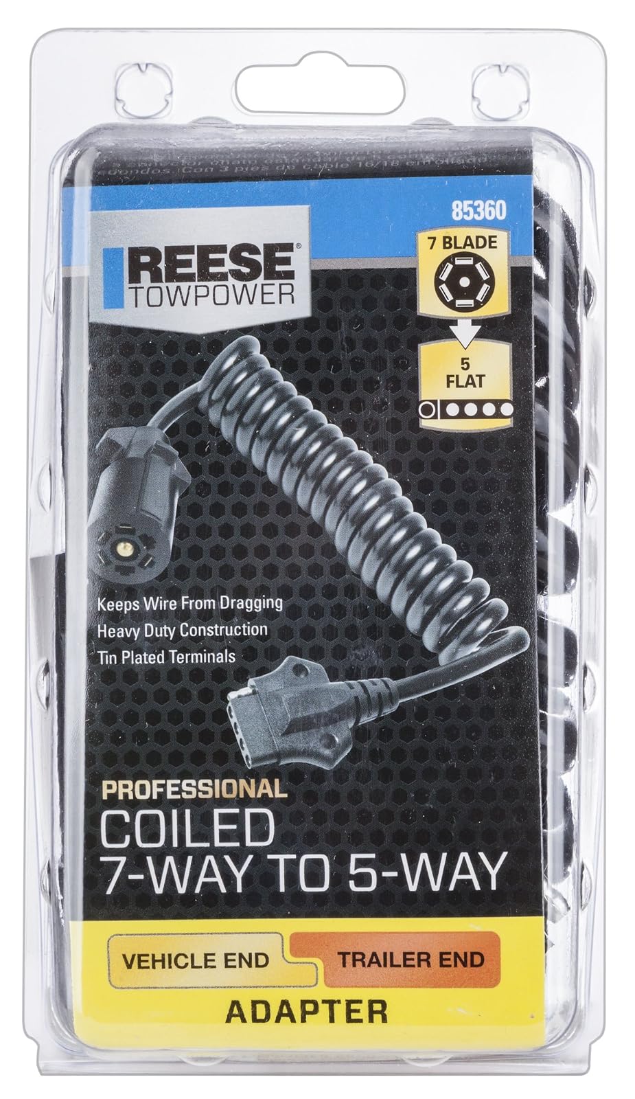 Reese Towpower 85360 Adaptador de cableado de Remolque Plano de 7 vías a 5 vías, diseñado para Sistemas de 12 voltios, extensión Completa de 6 pies