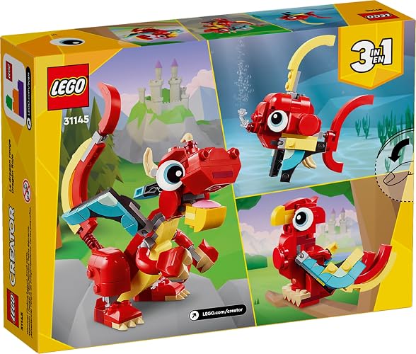 LEGO 31145 Creator 3en1 Dragón Rojo Juguete Convertible en una Figura de un pez o en un Modelo de un fénix