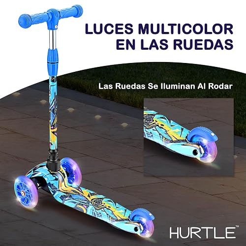 Hurtle Patin del Diablo Monopatin Scooter para Niños de 2 a 5 Años, 3 Ruedas con Luces LED, Mini Kickboard con Freno, Antideslizante, Manillar Ajustable de 64 cm a 78 cm