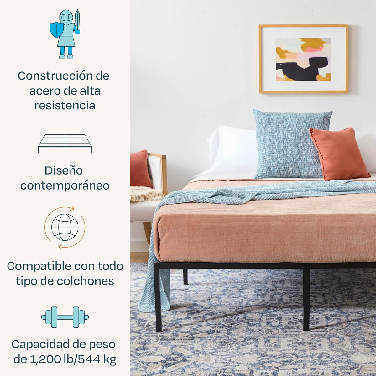 Linenspa - Base de Cama Metálica Reforzada Queen - Estructura de Acero con Láminas Metálicas - Almacenamiento Bajo Cama - Fácil de Armar Herramienta Incluida - Ideal para Cualquier Recámara