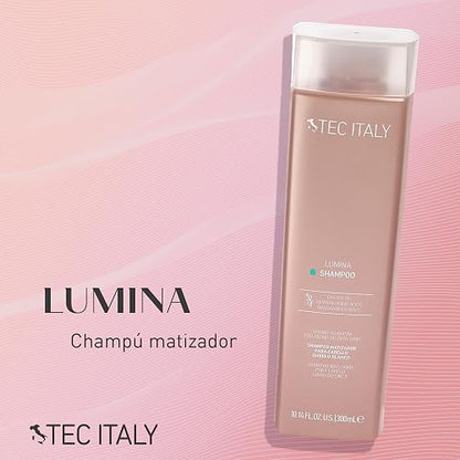 TEC ITALY Lumina Shampoo Iluminador Matizador Cabello Rubio o Blanco 300 ml | Diseñado para mantener matices fríos en cabellos claros. Purifica suavemente y aporta una apariencia más luminosa.